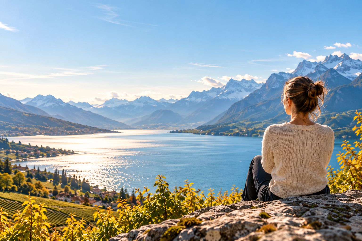 Une femme assise sur un rocher regarde le Léman et les Alpes
